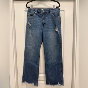 KanCan Women’s Cropped Wide Leg Distressed Blue Jeans